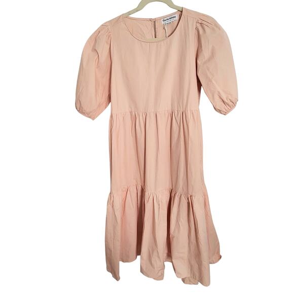 Charlie Holiday Marny Puff Sleeve Tiered Midi Dress Cotton Blush Peach Small 4 - Picture 3 of 11